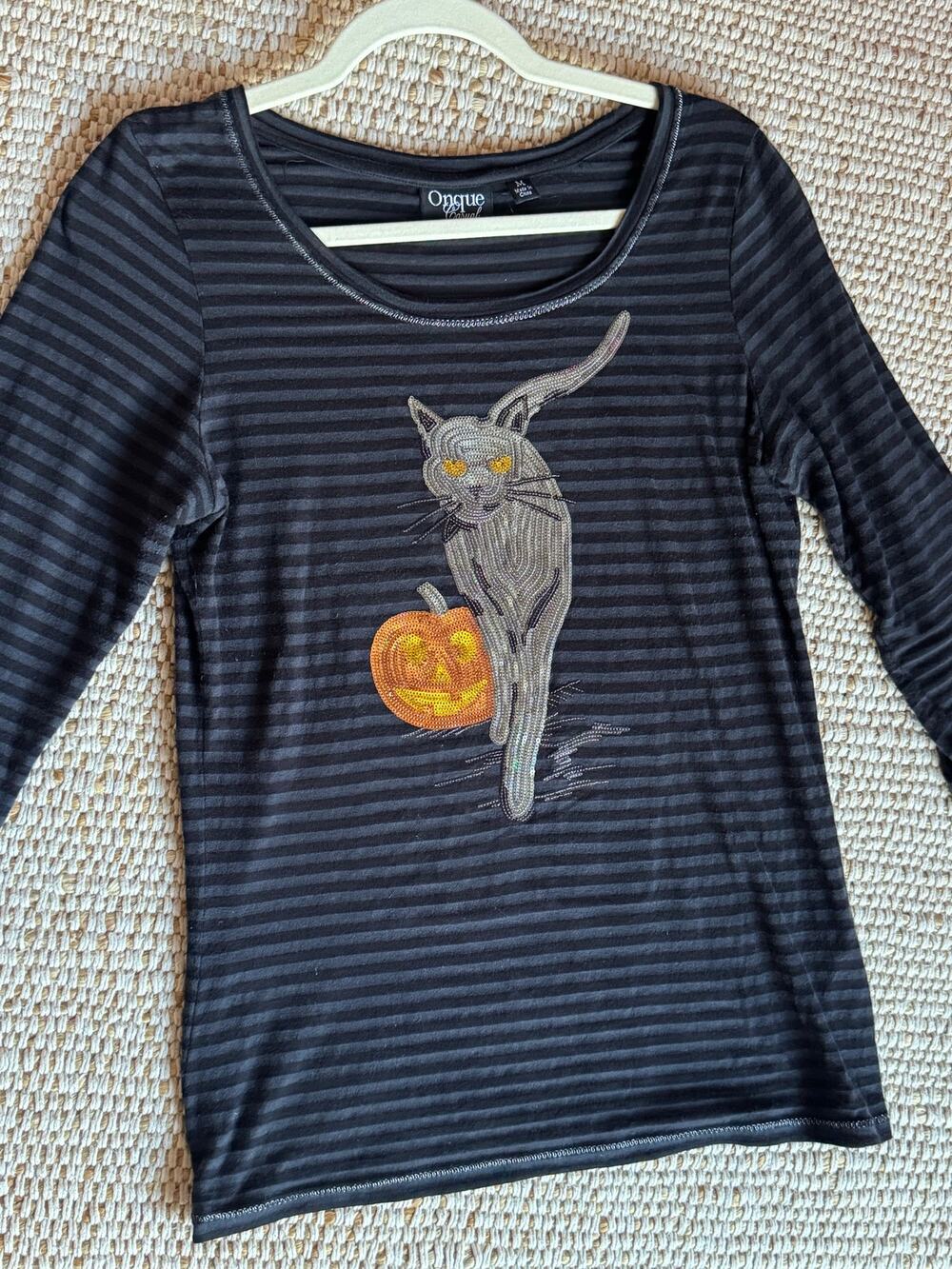 Spooky Season Halloween Top 3/4 Sleeves Striped Sequin Cat Pumpkin Euro Y2K Vibe
